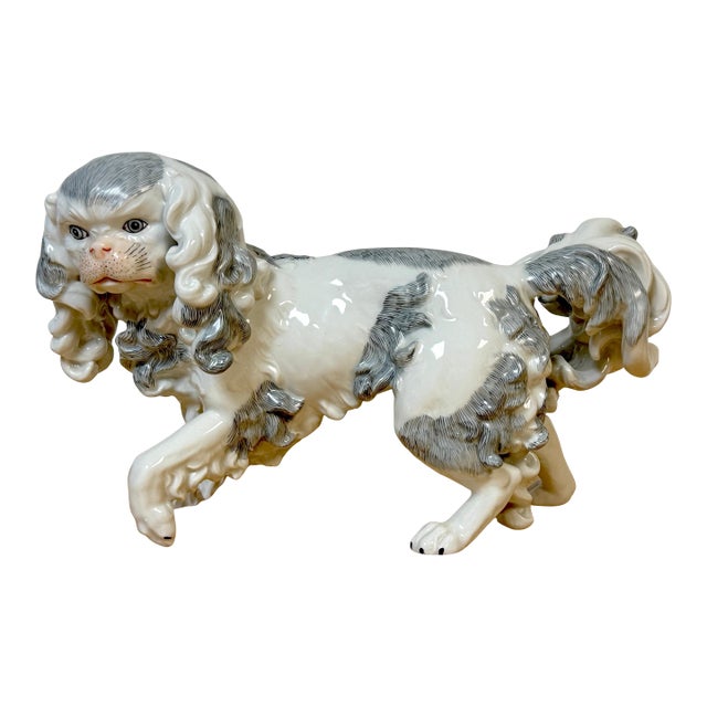 Large Dresden Porcelain Standing Toy Spaniel King Charles / Pekingese, 1900s For Sale