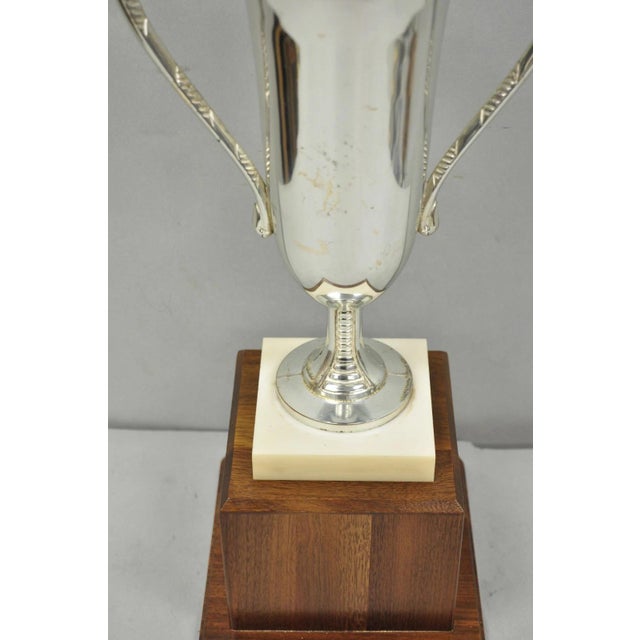 Vintage 1970s Art Deco Silver Metal Marble & Wood Figural Golf Trophy Award Cup For Sale - Image 15 of 17