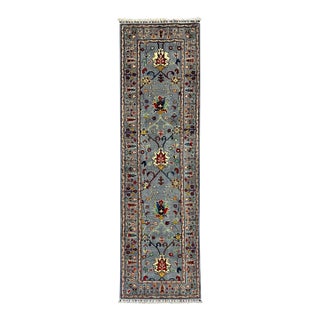 Blue Gray Persian-Style Floral Wool Runner Rug, Natural Dyes, 2'9" X 9'7" For Sale