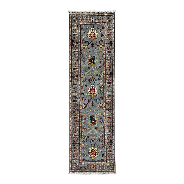 Blue Gray Persian-Style Floral Wool Runner Rug, Natural Dyes, 2'9" X 9'7" For Sale