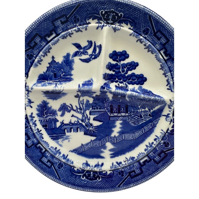 Vintage Shenago Blue Willow China Divided Ceramic Plate For Sale - Image 11 of 12