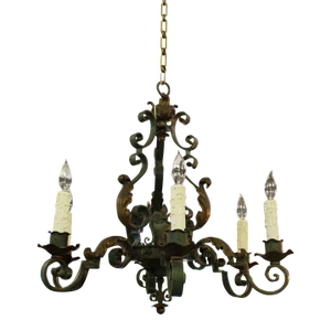 C. 1870 Scrolled Verdigris Iron 6-Light Chandelier