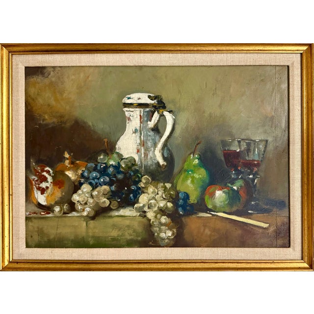 George Deem (American, 1932-2008) Oil painting on wood board Depicting a still life arrangement with grapes, pears, and a...
