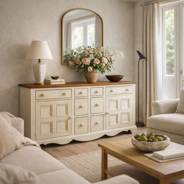 Vintage Painted Wood Sideboard with Paneled Doors. A versatile vintage buffet cabinet finished in a soft neutral paint...