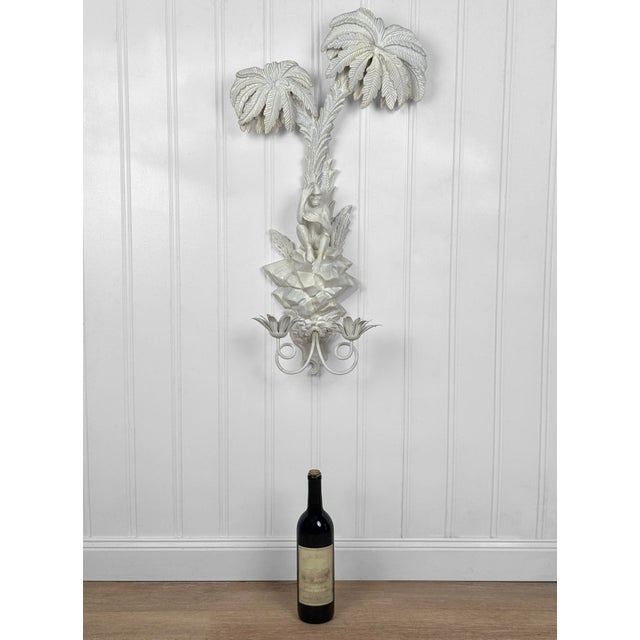 Original 1950's Palm Beach Regency Wall Sconce Solid Wood with Original White Lacquered Finish Double Palm Motif with...