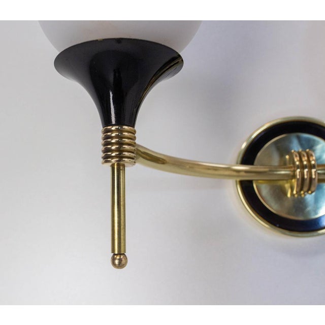 Black French Double Sconces in Brass and Black Metal with Opaline Glass Shades, 1960s, Set of 2 For Sale - Image 8 of 15