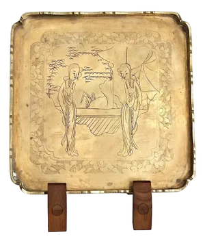 Late 19th Century Brass Opium Tray With Engraved Courtyard and Women, Late Qing Dynasty