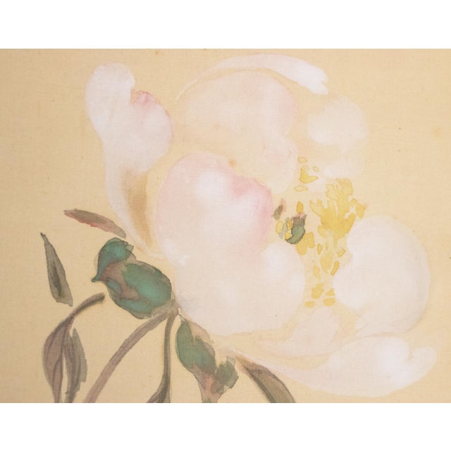 "Sleeping Cat and Peony Flower" by Shuto, Japanese Silk Scroll Watercolor Painting For Sale - Image 11 of 18