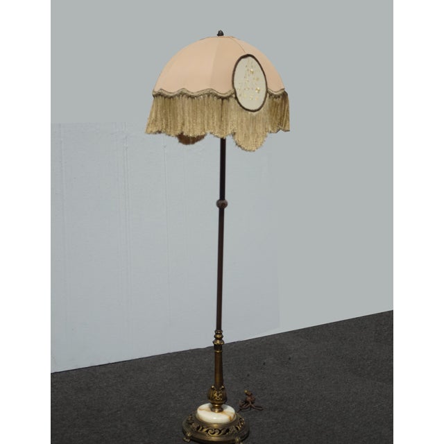 Vintage French Victorian Floor Lamp Light W Fringed Lamp Shade & Onyx Base For Sale - Image 4 of 12