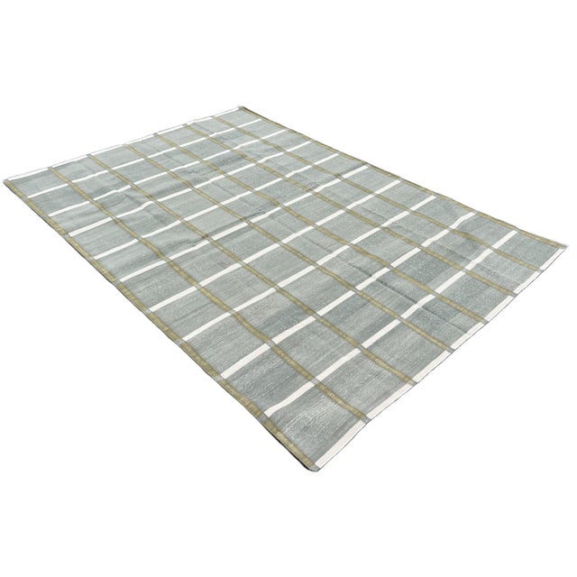 Textile Handmade Cotton Vegetable Dyed Rug, Gray, White and Olive Green Windowpane Checked Dhurrie-6'x9' For Sale - Image 7 of 11