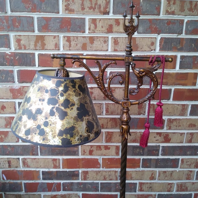 This is a near-perfect vintage Gothic style urn standing bridge arm floor lamp. Note the intricate detail and styling. The...