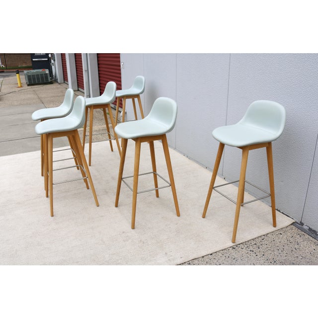 Danish Iskos-Berlin for Muuto Blue Leather Fiber Bar Stools Wood Base - Set of 6 For Sale - Image 11 of 18