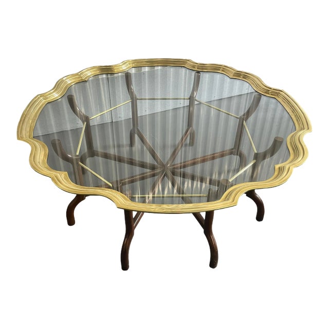 Vintage Scalloped Brass and Glass Coffee Table For Sale