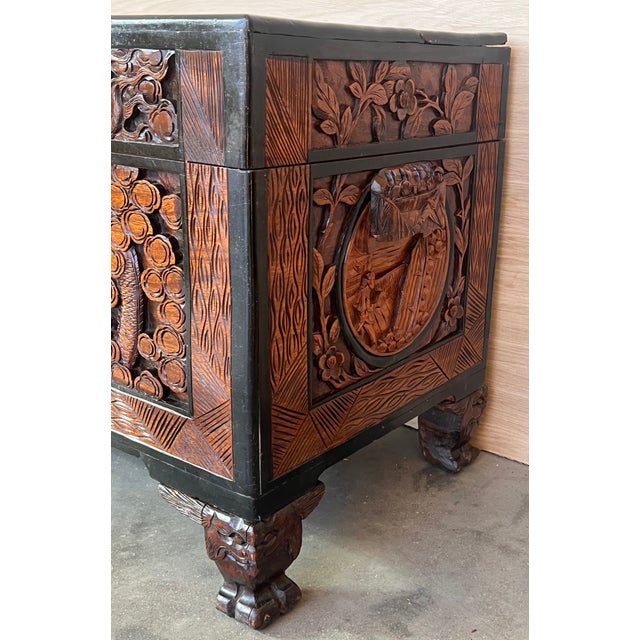 Antique Circa 1900 Hand Carved Chinese Camphor Wood Travelling Trunk For Sale - Image 11 of 12