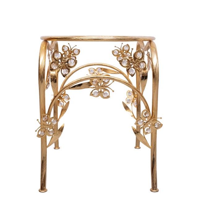 Hollywood Regency Oval Brass and Crystal Butterfly Side Table, 1980s For Sale - Image 4 of 8