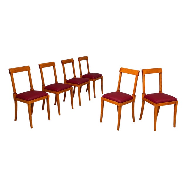 Mid-Century Modern Italian Wooden Chairs with Burgundy Sky, 1940s, Set of 6 For Sale