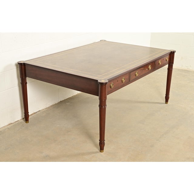 1980s Baker Furniture Stately Homes Collection English Regency Carved Mahogany Leather Top Partner's Desk For Sale - Image 5 of 18