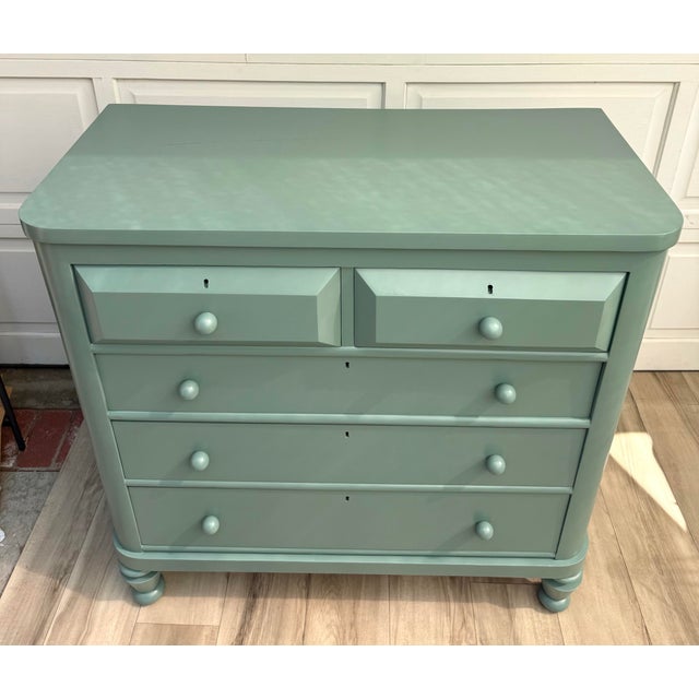 English Antique 2-Over-3 Chest of Drawers Painted in Cameroon Green For Sale - Image 3 of 12