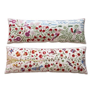 White Bird Suzani Lumbar Pillow Cover 18'' X 54'' - Set of Two For Sale
