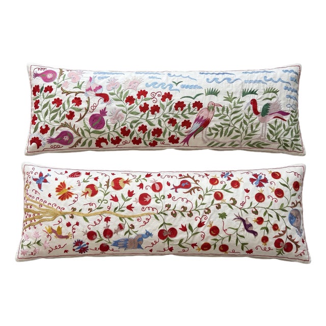 White Bird Suzani Lumbar Pillow Cover 18'' X 54'' - Set of Two For Sale