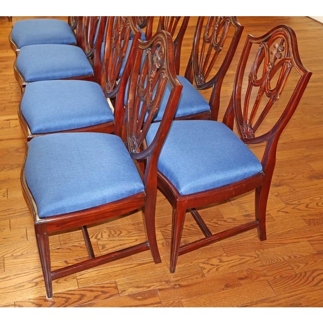 1990s 1990s Set of 8 Regency Style Solid Mahogany Fleur-De-Lis Blue Fabric Dining Chairs For Sale - Image 5 of 18
