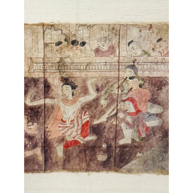 Wood 1950s Southeast Asia Silk Folk Art 19th Century Thai Temple Style Painting For Sale - Image 7 of 8