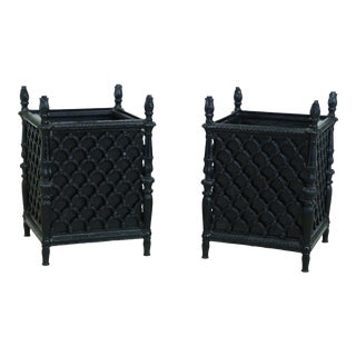 Pair Black Painted Iron Planters For Sale