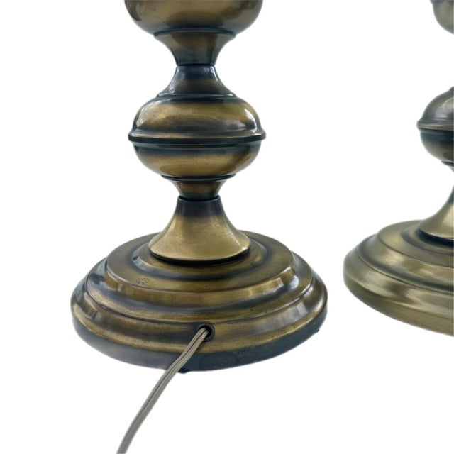 Mid Century Modern Brass Tone Stacked Cylinder Table Lamp- A Pair For Sale In Columbia, SC - Image 6 of 12