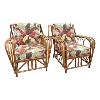 Pair of Mid-Century Rattan Lounge Chairs With Tropical Botanical Upholstery For Sale
