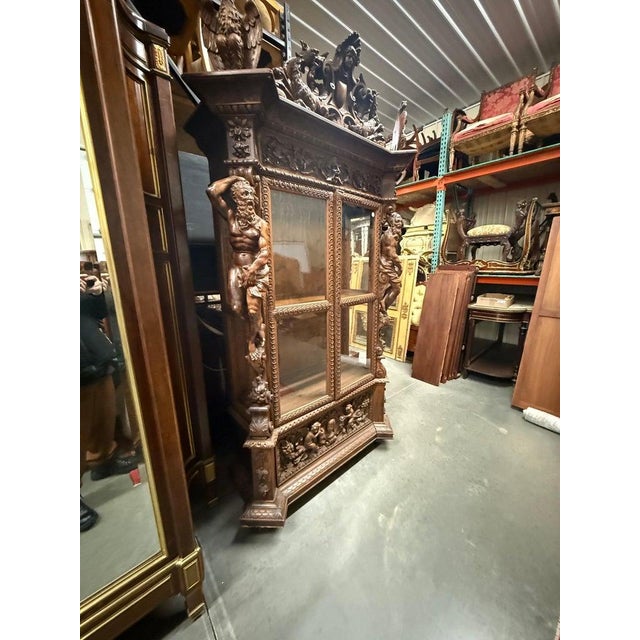 Brown Luigi Frullini Attributed Carved Italian Bookcase Bookshelf Vitrine Circa 1870 For Sale - Image 8 of 11