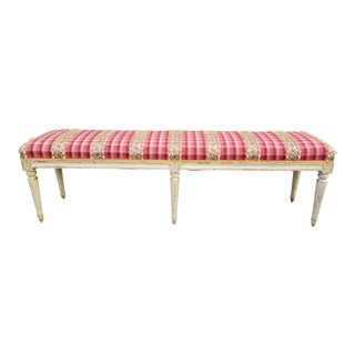 Vintage Louis XVI Style Large Upholstered Carved Wood Bench For Sale