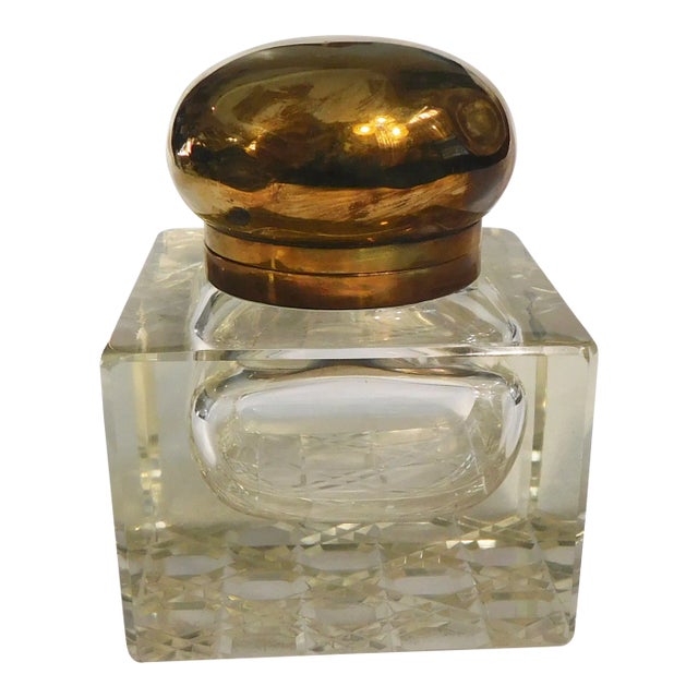 1920s Large Crystal Inkwell With Attached Metal Lid For Sale