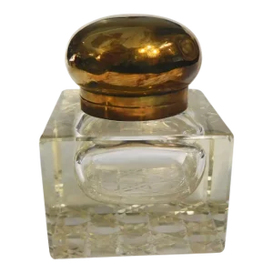 1920s Large Crystal Inkwell With Attached Metal Lid