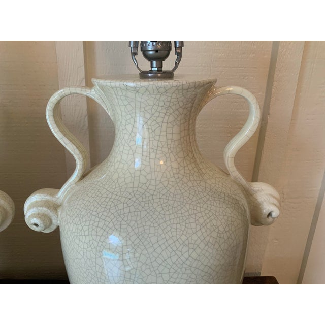 French Country Large Cream White Crackle‑Glaze Urn Lamps With Scroll Handles – 30” - A Pair For Sale - Image 3 of 8