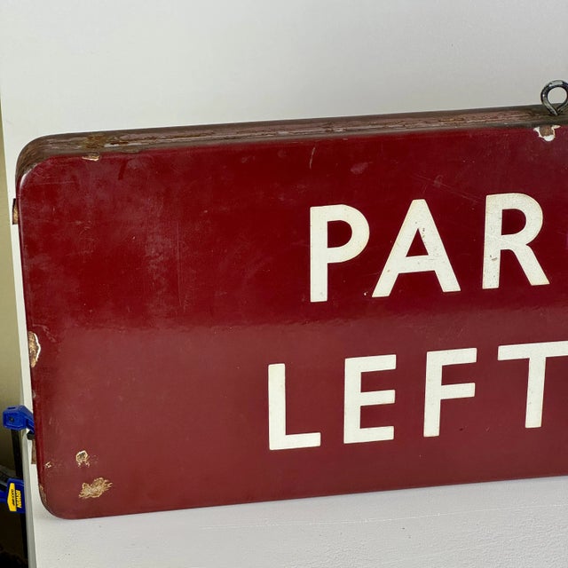 Rare Early 20th C Large Double Sided Train Station Porcelain Enamel Sign in Cherry Red Reads "Parcels and Left Luggage" For Sale - Image 10 of 18