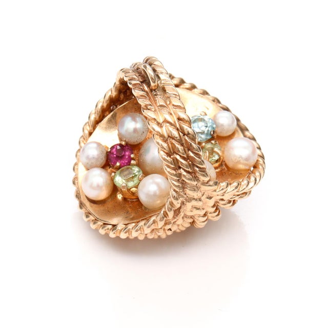 Vintage 14k Yellow Gold, Pearl, and Tourmaline Figural Easter Basket Charm For Sale - Image 13 of 17