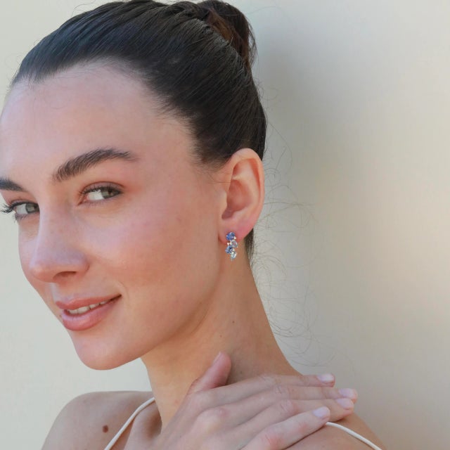 Contemporary Nina Zhou Nosa Sapphire, Aquamarine and Diamond Cluster Earrings 14k Yellow Gold- 2 Pieces For Sale - Image 3 of 6