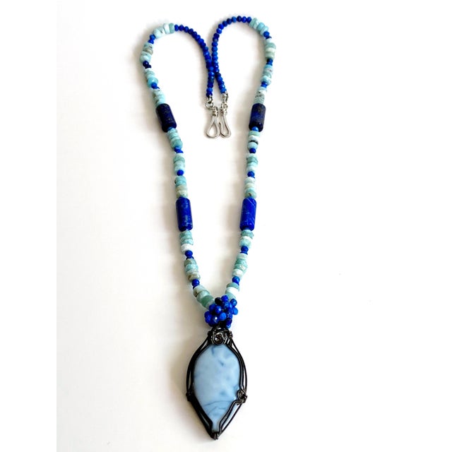 Organic Modern Artisan Larimar, Lapis Lazuli & Herkimer Diamond Sterling Silver Statement Necklace For Sale - Image 13 of 17