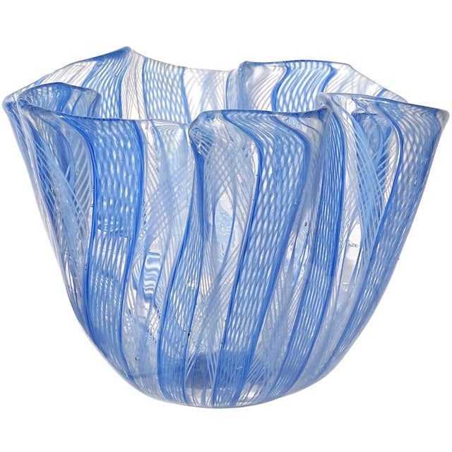 Blue Murano Venini Bianconi Blue White Zanfirico Vintage Italian Art Glass Fazzoletto Handkerchief Vase For Sale - Image 8 of 8