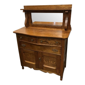 Antique Tiger Oak Mirrored Dresser, Hand Carved, Three Drawers + Bottom Cabinet