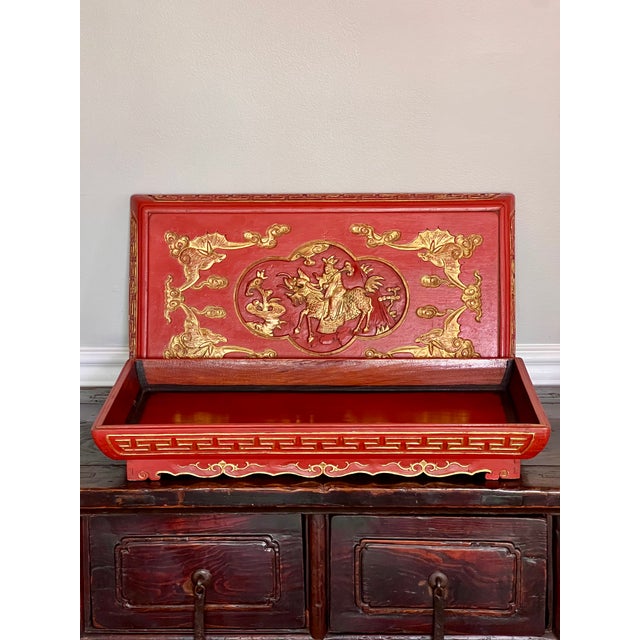Set of Chinese Red Lacquered Wedding Presentation Boxes, Carved, Parcel Gilt, C. 1910 For Sale - Image 11 of 18