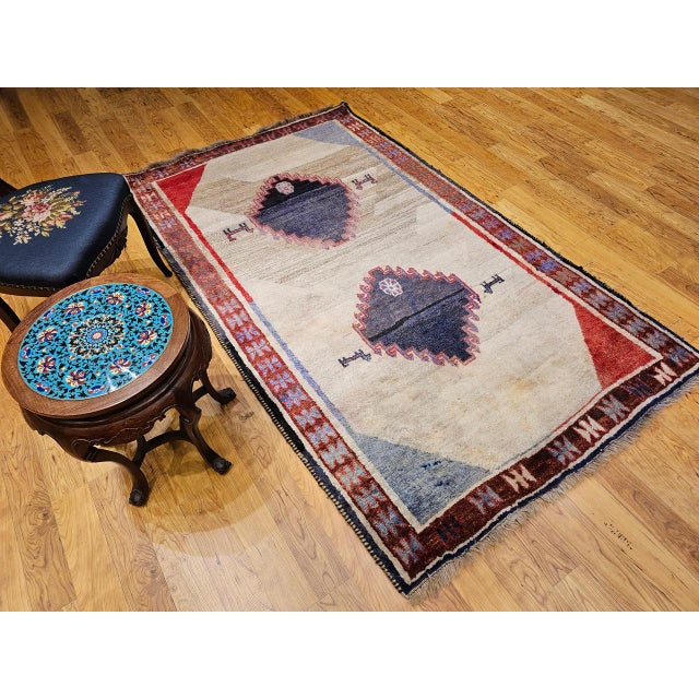 Textile Vintage Persian Gabbeh Tribal Rug, Hand-Knotted Wool, Minimalist Diamond Design, Ivory & Gray, 4x7 For Sale - Image 7 of 15
