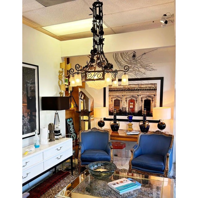 French Art Deco Wrought Iron, Glass Chandelier, Muller Freres Attributed, C1930 For Sale - Image 13 of 13
