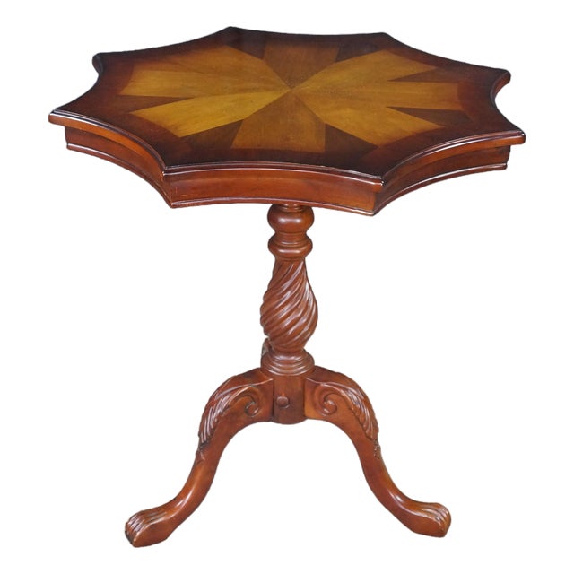 Vintage Georgian Style Scalloped Mahogany Starburst Inlaid Pedestal Side Table For Sale