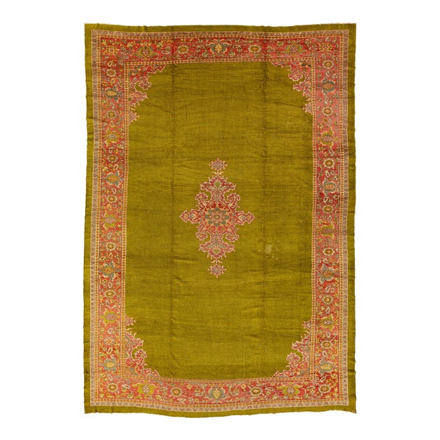 Antique Persian Mahal Wool Rug in Green Featuring a Center Motif For Sale