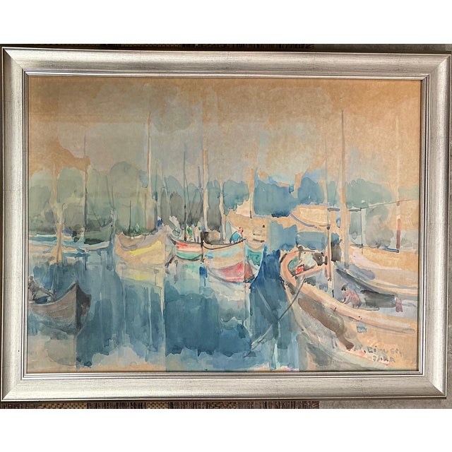 Paint 1950s Boat Harbor Water Exceptional Original Water Color by Avraham Binder (1906-2001) For Sale - Image 7 of 7
