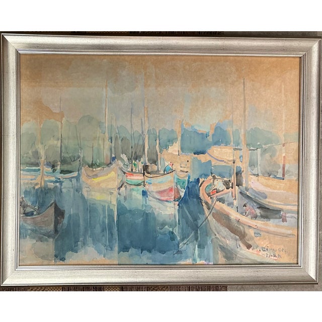 Boat Harbor Original Water Color by Avraham Binder (1906-2001) Harbor Sailboats and Water For Sale - Image 4 of 6