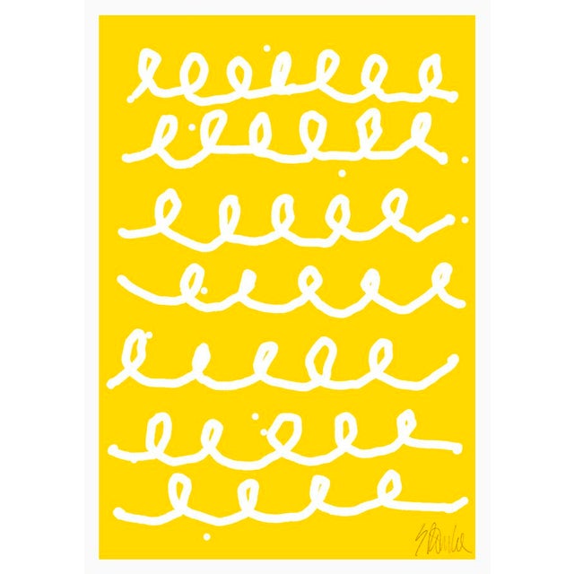 Bumpy Train Ride in White on Yellow Fine Art Print 43.5" X 61" by Liz Roache For Sale In Boston - Image 6 of 6