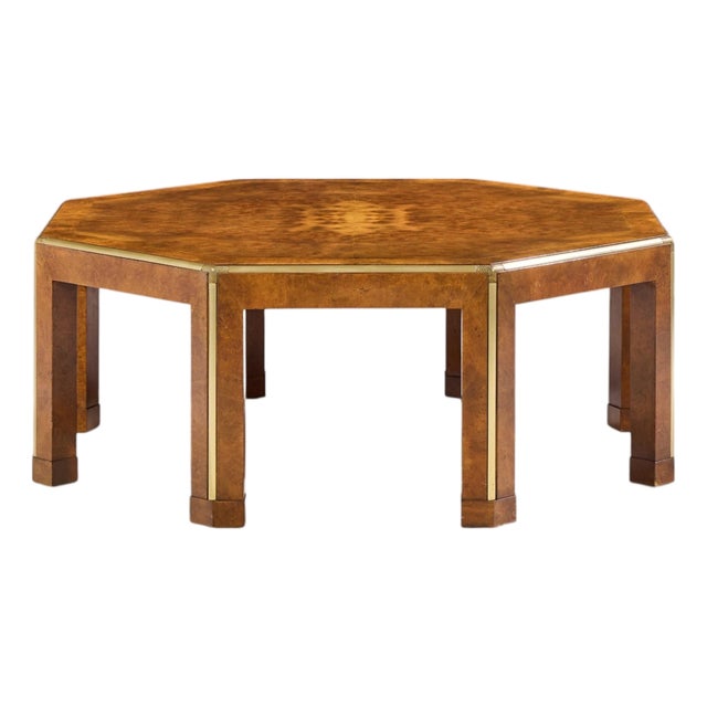 Baker Burlwood and Brass Octagonal Coffee Table For Sale