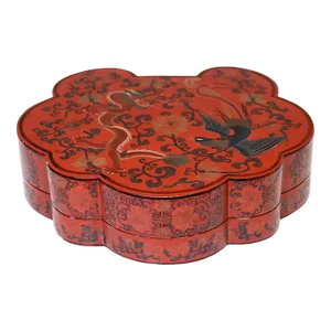 Large Antique Chinese Red Lacquer Lobed Gift / Storage Box With Dragons & Phoenix